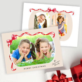 Whimsical Red Bow Ribbon 3 Photos Christmas Holiday Card