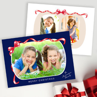 Whimsical Red Bow Ribbon 3 Photos Christmas Holiday Card