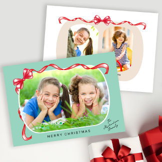 Whimsical Red Bow Ribbon 3 Photos Christmas Holiday Card