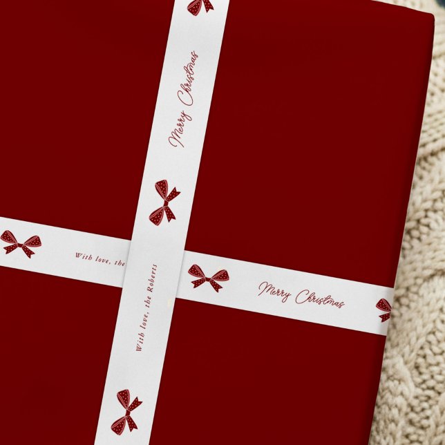 Whimsical Red Bows Merry Christmas Custom Name Satin Ribbon (Red bows elegant Christmas white satin ribbon with your custom name)