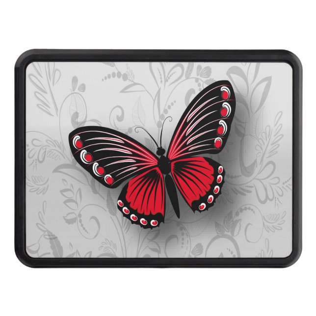 Whimsical Red Butterfly on Gray Floral Tow Hitch Cover (Front)