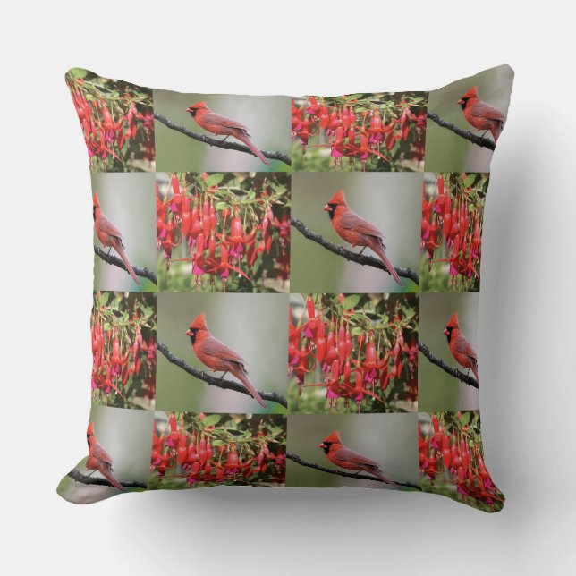 Whimsical Red Cardinal and Fuchsia Pattern Throw Pillow (Front)