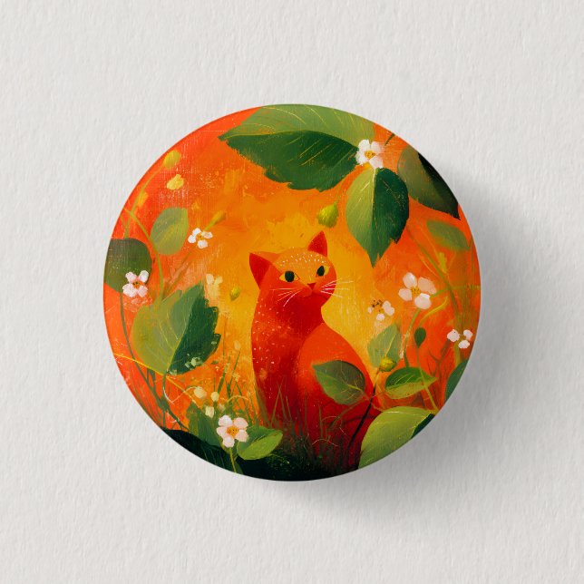 Whimsical Red Cat Wildflower Garden Button (Front)