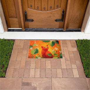 Whimsical Red Cat Wildflower Garden Doormat