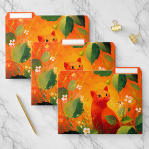 Whimsical Red Cat Wildflower Garden File Folder