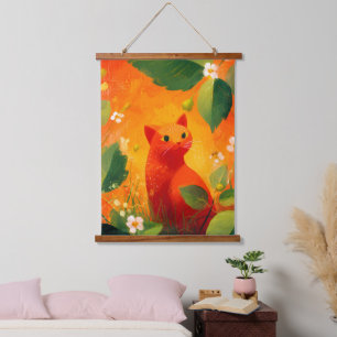 Whimsical Red Cat Wildflower Garden Hanging Tapestry