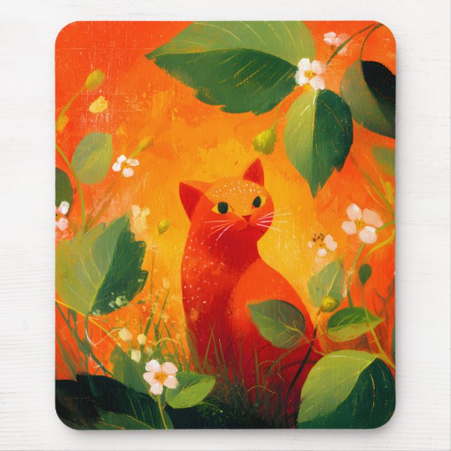 Whimsical Red Cat Wildflower Garden Mouse Pad (Front)