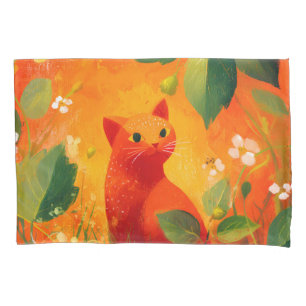 Whimsical Red Cat Wildflower Garden Pillow Case