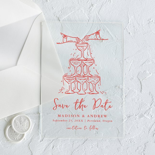 Whimsical Red Champagne Tower Save the Date (Creator Uploaded)