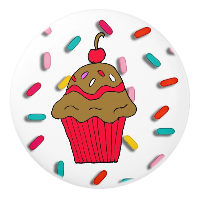 Whimsical Red Chocolate Cupcake with Cherry on Top Ceramic Knob (Front)
