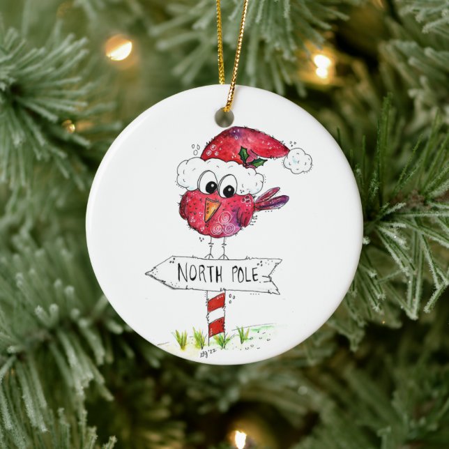 Whimsical Red Christmas Bird Ceramic Ornament (Tree)