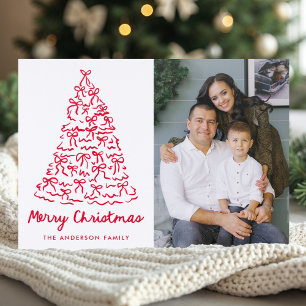 Whimsical Red Christmas Tree Bows Letterpress Photo Cards