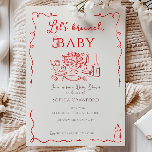 Whimsical Red Doodle Let's Brunch Baby Shower Invitation (Creator Uploaded)
