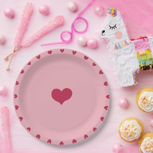 Whimsical Red Doodled Hearts on Soft Pink Paper Plates (Party)