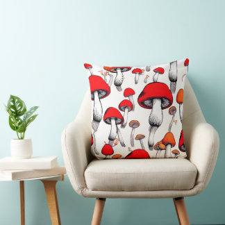 WHIMSICAL RED FLOATING MUSHROOMS DIGITAL ART THROW PILLOW