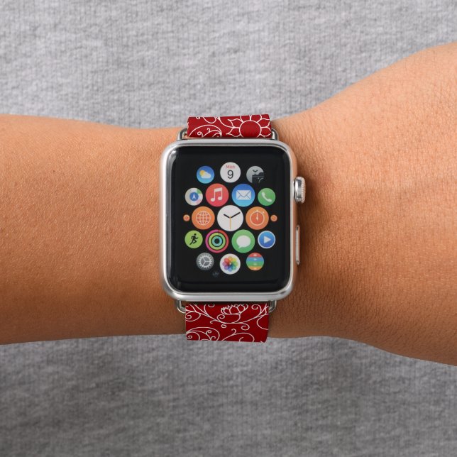 Whimsical Red Floral Apple Watch Band (In Situ)