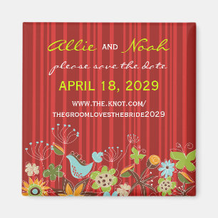 Whimsical Red Floral Garden Wedding Save The Date Magnet