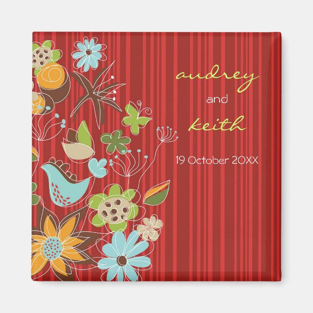 Whimsical Red Floral Summer Garden Save The Date Magnet (Front)