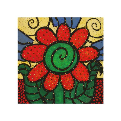 Whimsical Red Flower From Original Painting Wood Wall Art