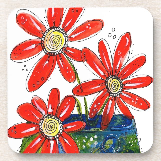 Whimsical Red Flowers Beverage Coaster (Front)