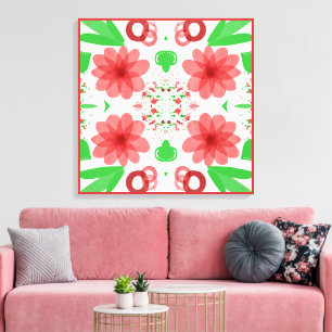 Whimsical Red Flowers Green Leaves On White Art Canvas Print