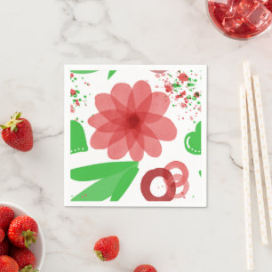 Whimsical Red Flowers Green Leaves On White Art Napkins