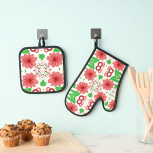 Whimsical Red Flowers Green Leaves On White Art Oven Mitt & Pot Holder Set