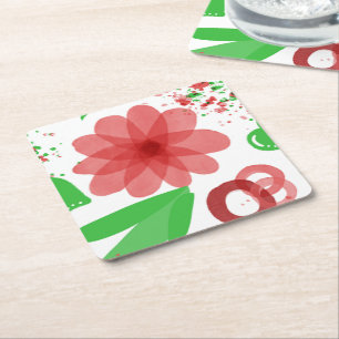 Whimsical Red Flowers Green Leaves On White Art Square Paper Coaster