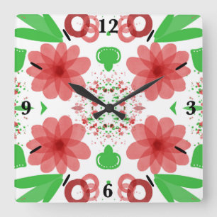 Whimsical Red Flowers Green Leaves On White Art Square Wall Clock