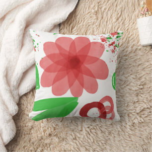 Whimsical Red Flowers Green Leaves On White Art Throw Pillow