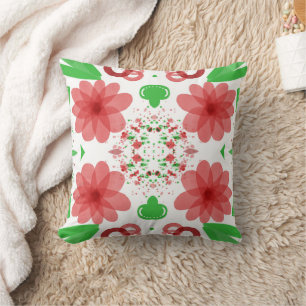 Whimsical Red Flowers Green Leaves On White Art Throw Pillow