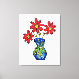 Whimsical Red Flowers in Blue Vase Canvas Print