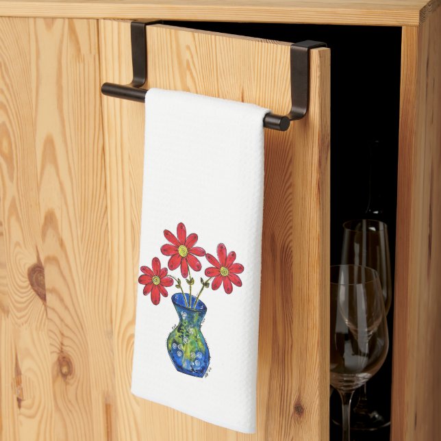 Whimsical Red Flowers in Blue Vase Kitchen Towel (Thirds Fold)