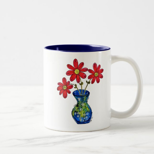 Whimsical Red Flowers in Blue Vase Two-Tone Coffee Mug (Right)