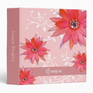Whimsical Red Flowers Swirly Leaves Add Name Pink 3 Ring Binder