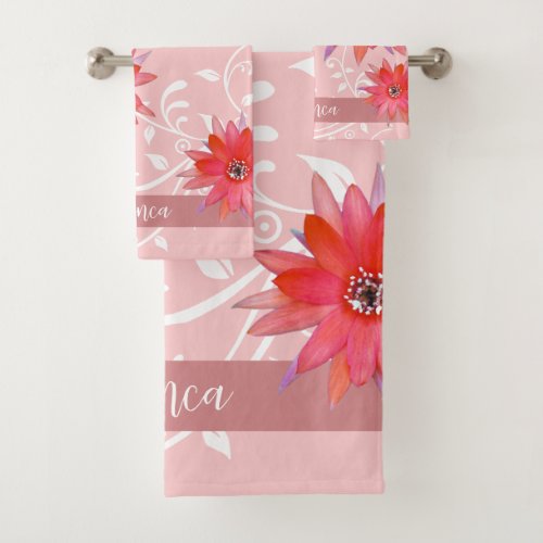 Whimsical Red Flowers Swirly Leaves Add Name Pink Bath Towel Set