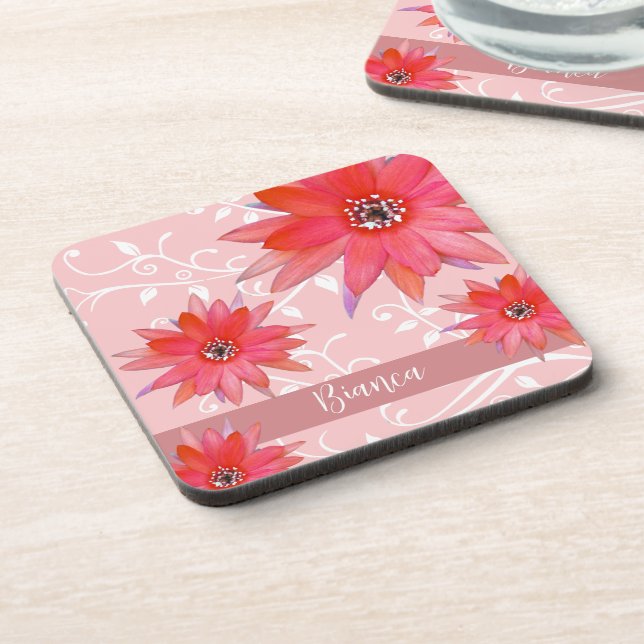 Whimsical Red Flowers Swirly Leaves Add Name Pink Beverage Coaster (Left Side)