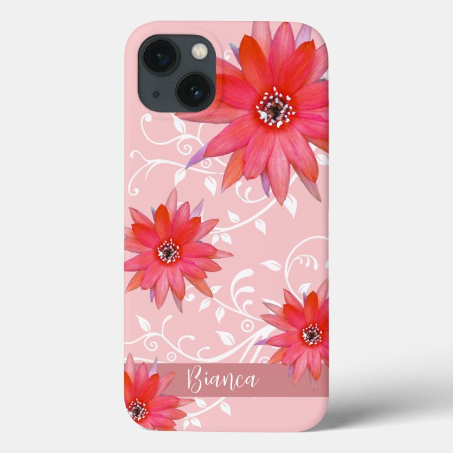 Whimsical Red Flowers Swirly Leaves Add Name Pink  Case-Mate iPhone Case (Back)