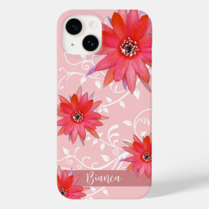Whimsical Red Flowers Swirly Leaves Add Name Pink Case-Mate iPhone 14 Case
