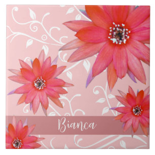 Whimsical Red Flowers Swirly Leaves Add Name Pink Ceramic Tile