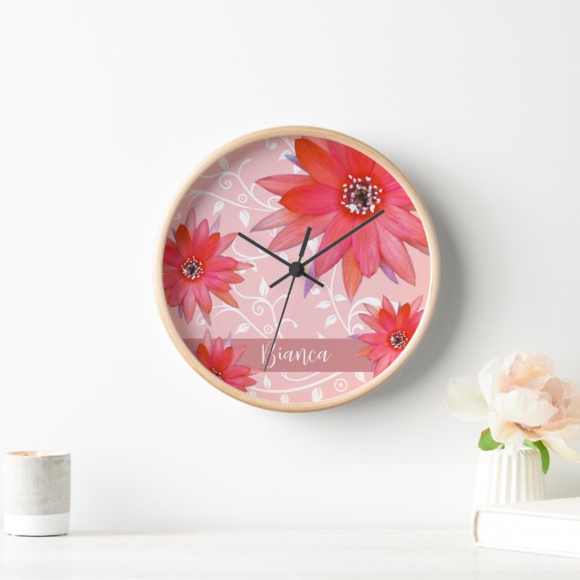 Whimsical Red Flowers Swirly Leaves Add Name Pink Clock (Home)
