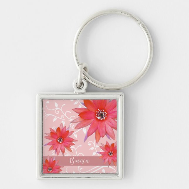 Whimsical Red Flowers Swirly Leaves Add Name Pink Keychain (Front)