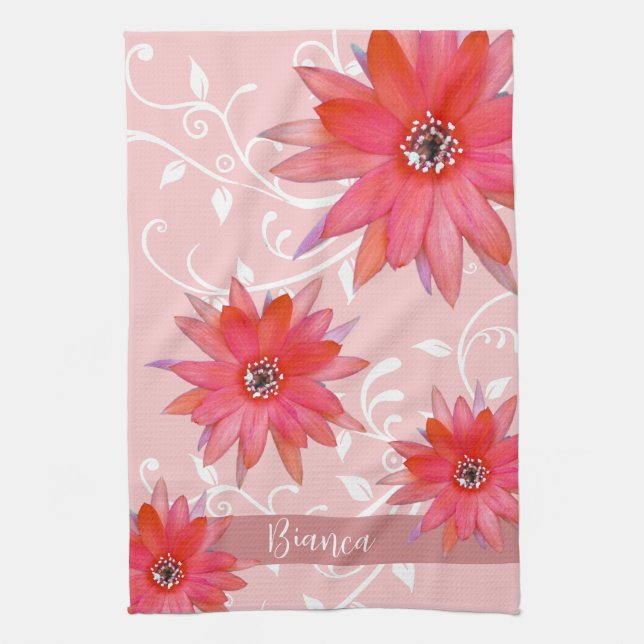 Whimsical Red Flowers Swirly Leaves Add Name Pink Kitchen Towel (Vertical)