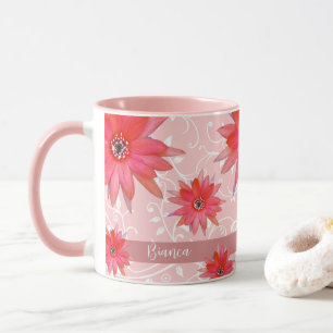 Whimsical Red Flowers Swirly Leaves Add Name Pink Mug
