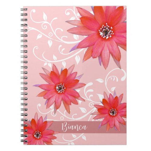 Whimsical Red Flowers Swirly Leaves Add Name Pink Notebook