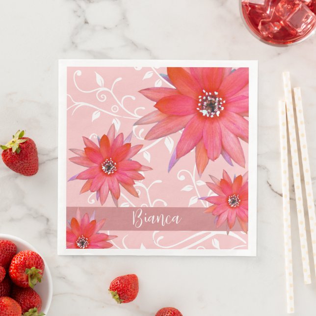 Whimsical Red Flowers Swirly Leaves Add Name Pink  Paper Dinner Napkins (Insitu)