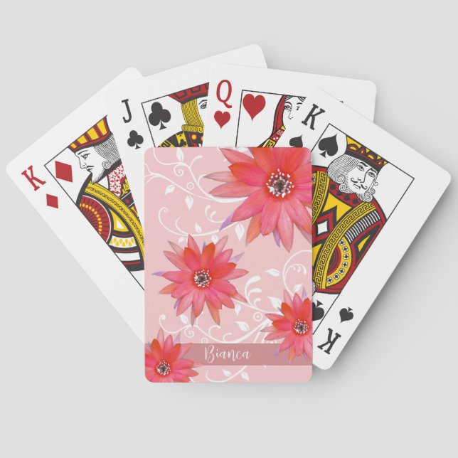 Whimsical Red Flowers Swirly Leaves Add Name Pink Poker Cards (Back)