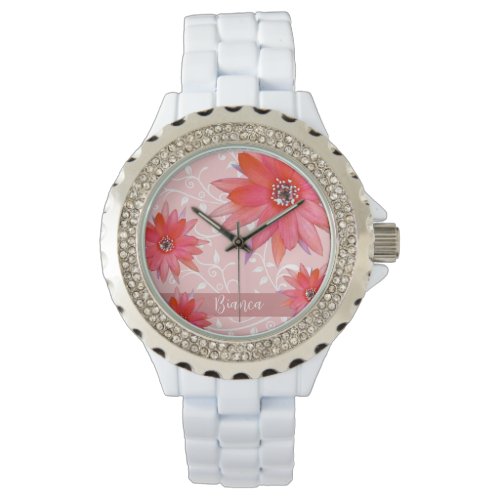 Whimsical Red Flowers Swirly Leaves Add Name Pink Watch