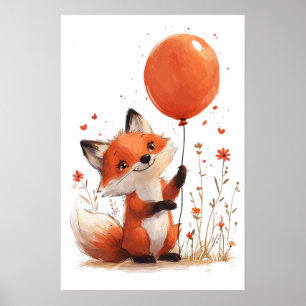 Whimsical Red Fox with Orange Balloon Poster