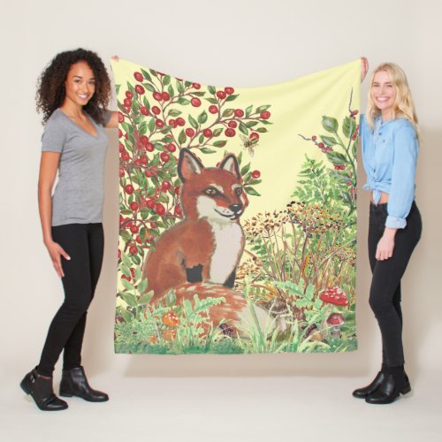 Whimsical Red Fox Yellow Forest Scene Rustic Fall Fleece Blanket